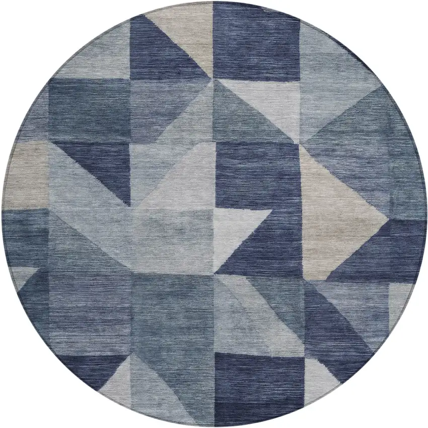 8' Blue And Wheat Round Geometric Washable Indoor Outdoor Area Rug Photo 1