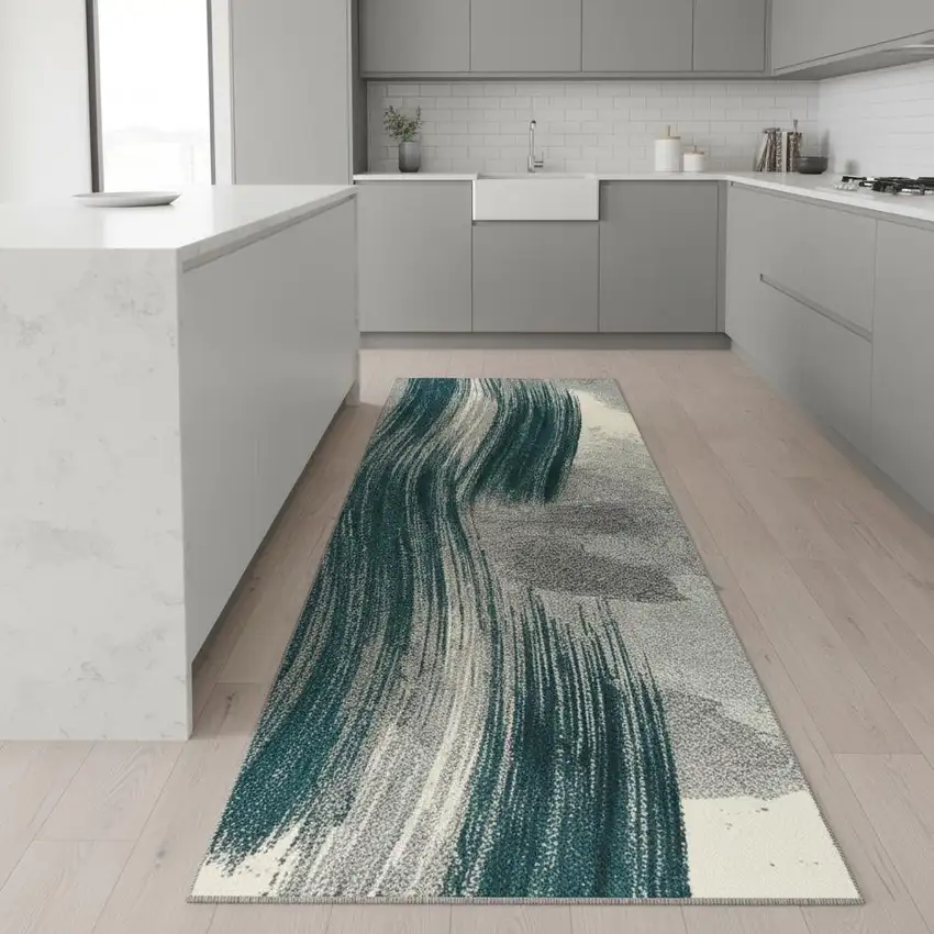 9' Blue And White Abstract Runner Rug Photo 1