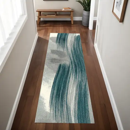 6' Blue And White Abstract Runner Rug Photo 1
