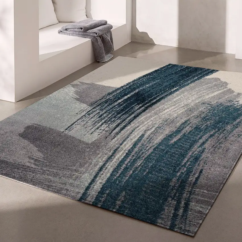 6' Blue And White Abstract Runner Rug Photo 5