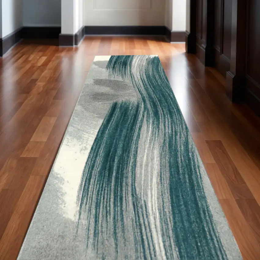 16' Blue And White Abstract Runner Rug Photo 1