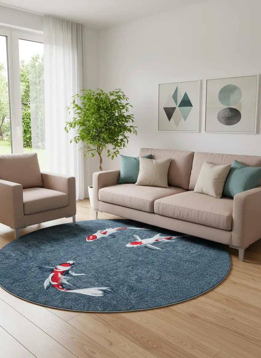 8' Blue And White Abstract Washable Round Rug Photo 1