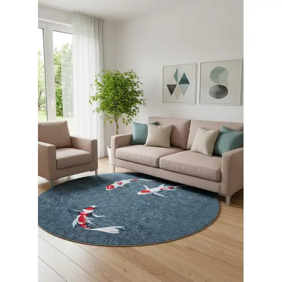 8' Blue And White Abstract Washable Round Rug Photo 1