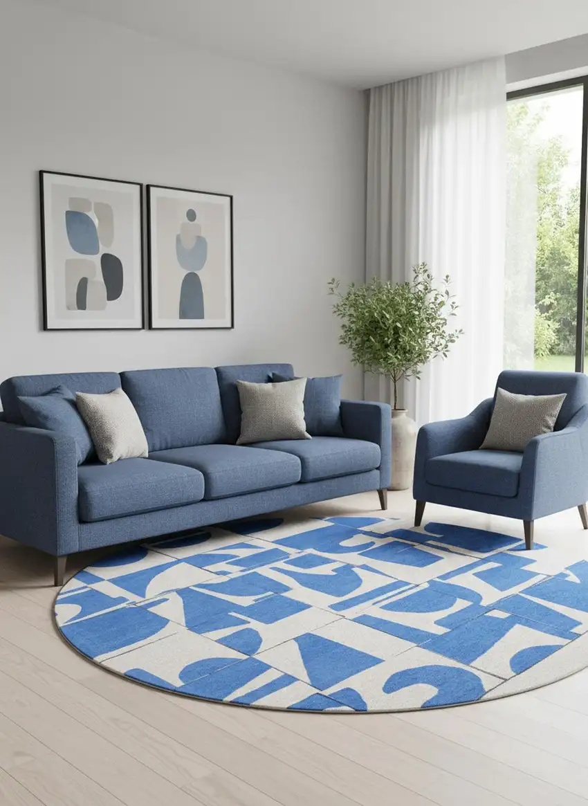 8' Blue And White Geometric Washable Round Rug Photo 1