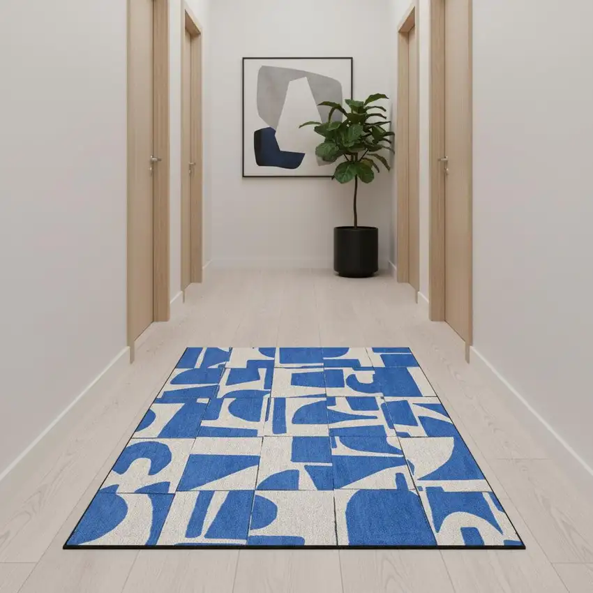 10' Blue And White Geometric Washable Runner Rug Photo 1
