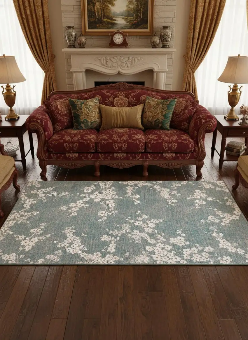 8' Blue And White Oriental Washable Round Rug With UV Protection Photo 1