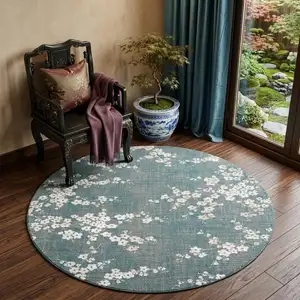 Photo of 5' Blue And White Oriental Washable Round Rug With UV Protection