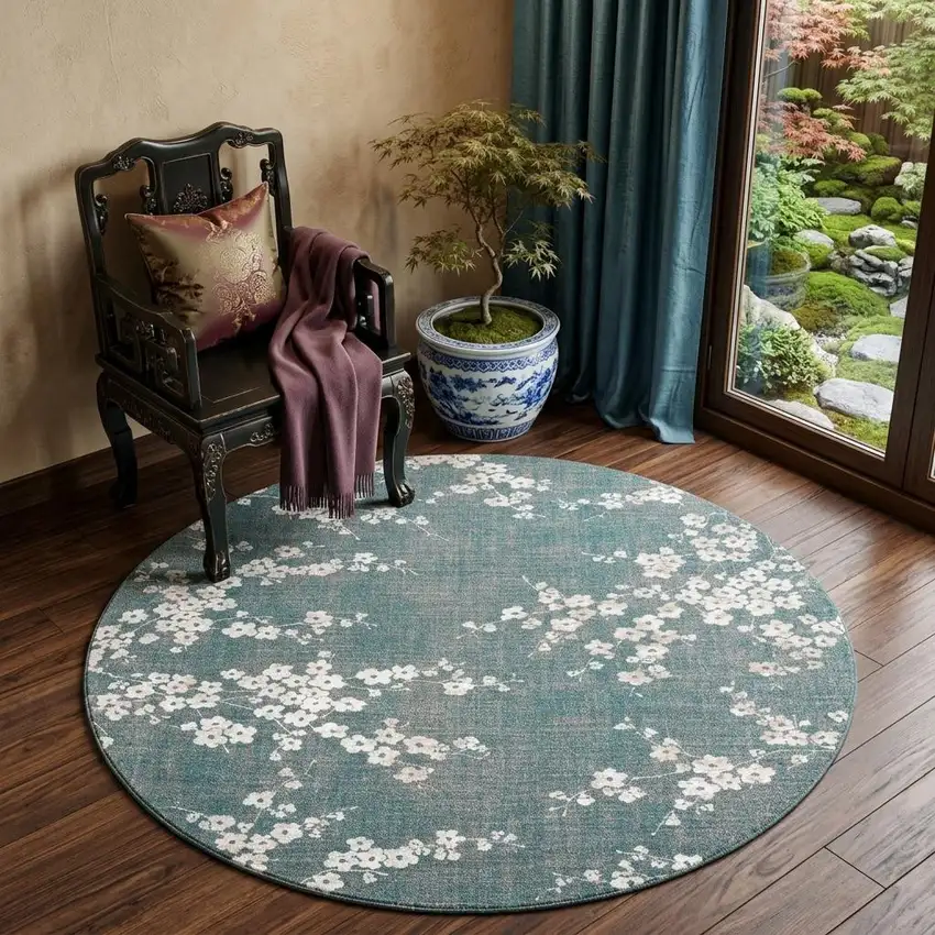 5' Blue And White Oriental Washable Round Rug With UV Protection Photo 1