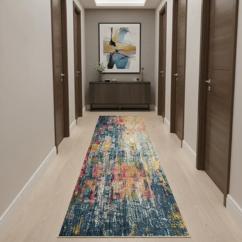 10' Blue And Yellow Abstract Runner Rug Photo 1