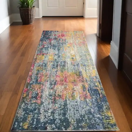 10' Blue And Yellow Abstract Runner Rug Photo 2