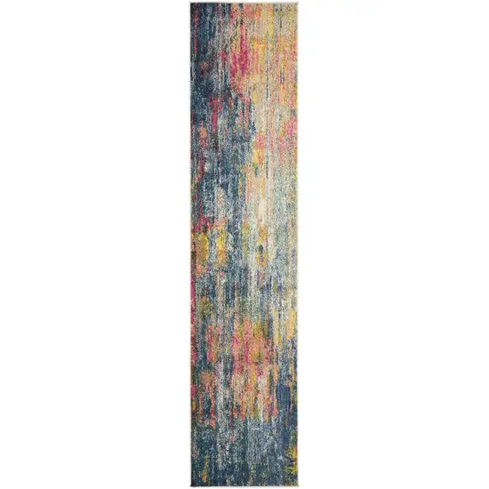 10' Blue And Yellow Abstract Runner Rug Photo 4