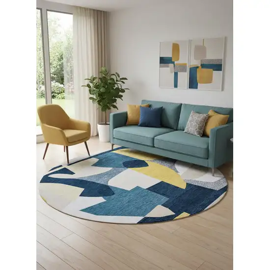 8' Blue And Yellow Abstract Washable Round Rug Photo 1
