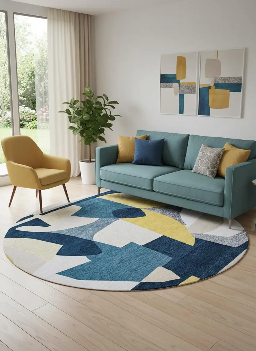 8' Blue And Yellow Abstract Washable Round Rug Photo 1