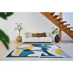 Photo of 8' Blue And Yellow Abstract Washable Round Rug