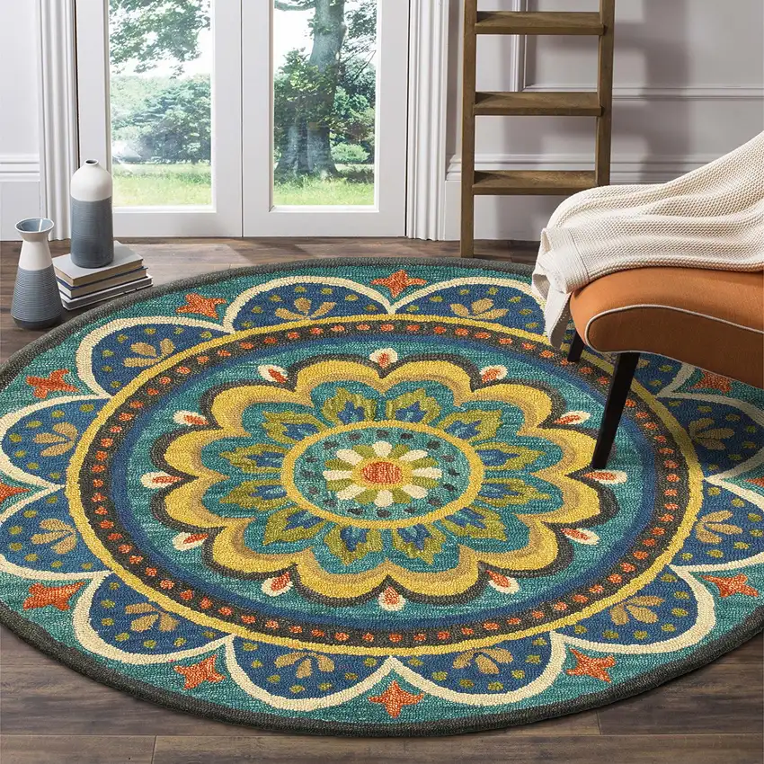 5' Blue And Yellow Wool Medallion Hand Tufted Round Rug Photo 4