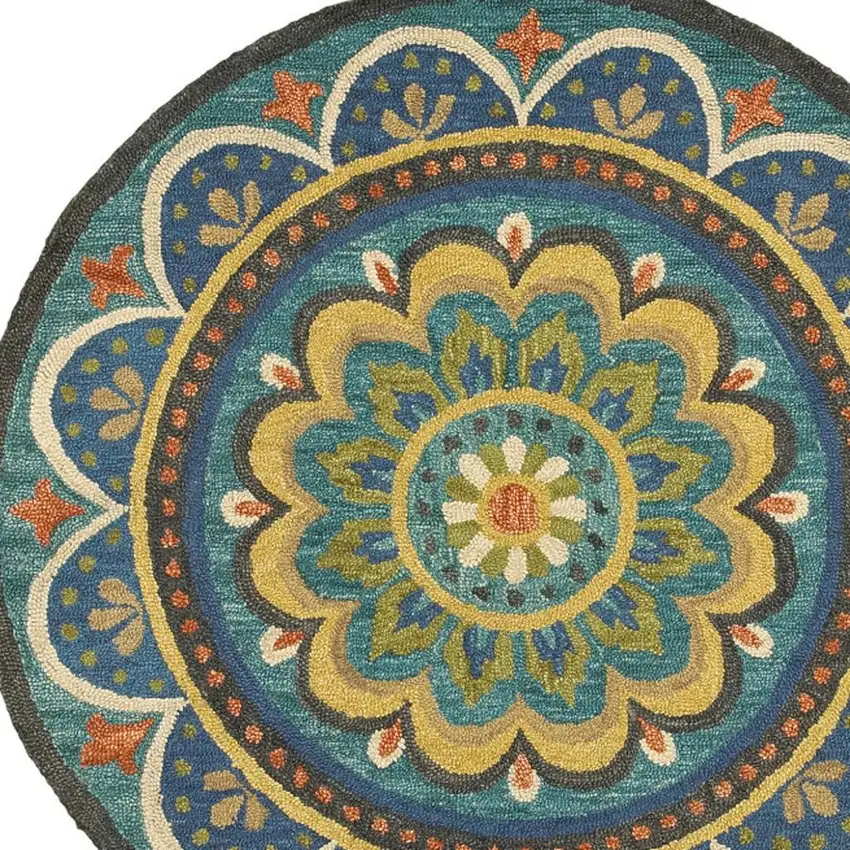 5' Blue And Yellow Wool Medallion Hand Tufted Round Rug Photo 3