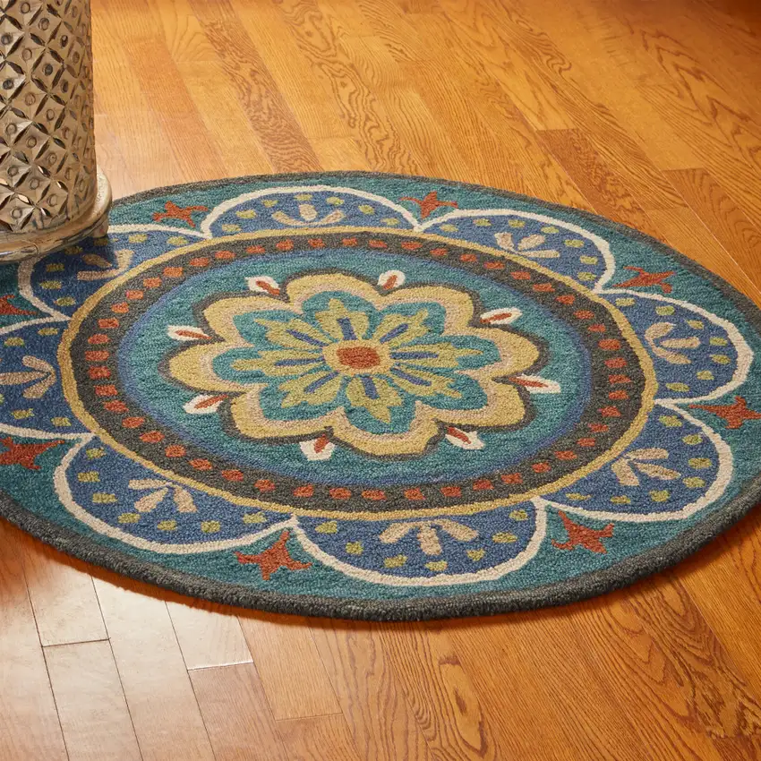 5' Blue And Yellow Wool Medallion Hand Tufted Round Rug Photo 8
