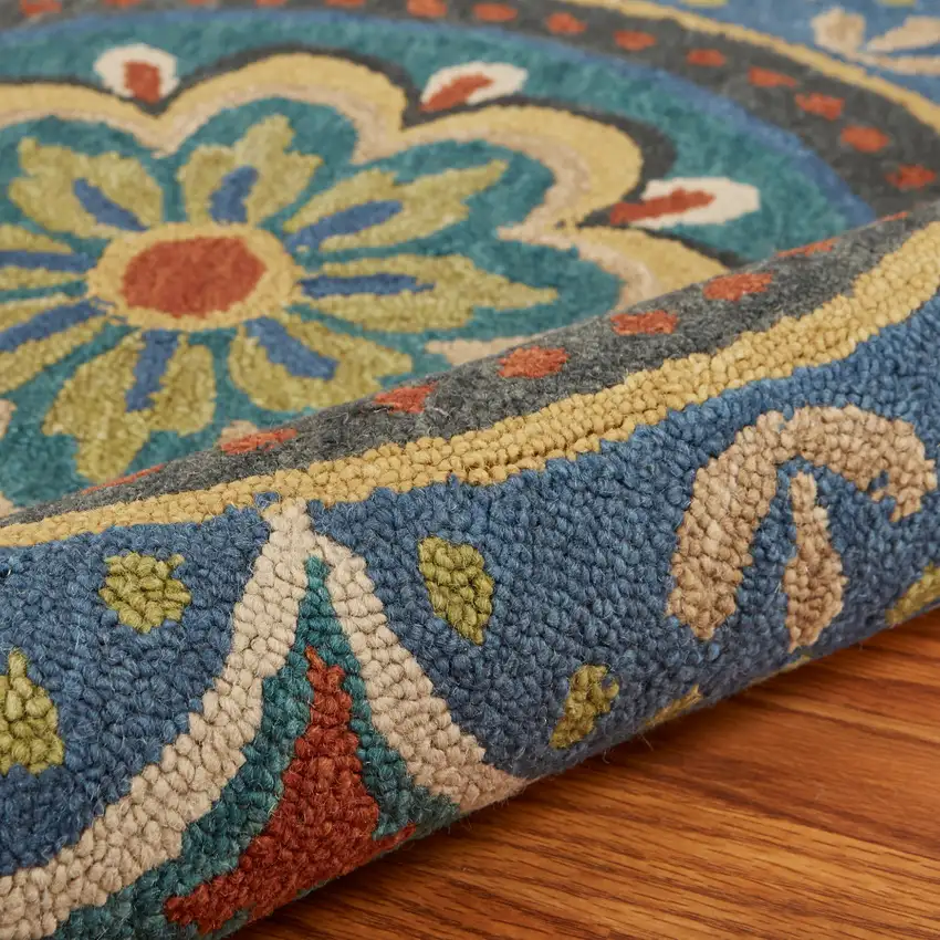 5' Blue And Yellow Wool Medallion Hand Tufted Round Rug Photo 7