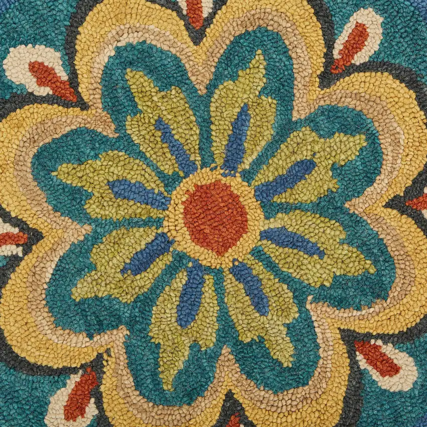5' Blue And Yellow Wool Medallion Hand Tufted Round Rug Photo 7