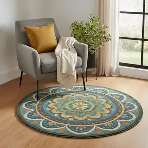 Photo of 5' Blue And Yellow Wool Medallion Hand Tufted Round Rug