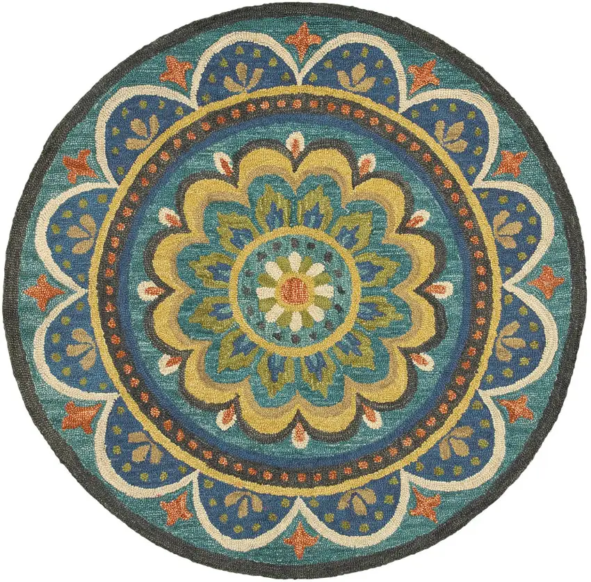 5' Blue And Yellow Wool Medallion Hand Tufted Round Rug Photo 2