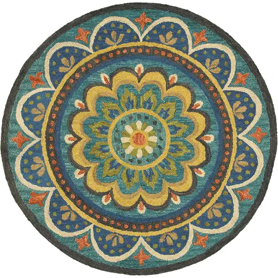5' Blue And Yellow Wool Medallion Hand Tufted Round Rug Photo 2
