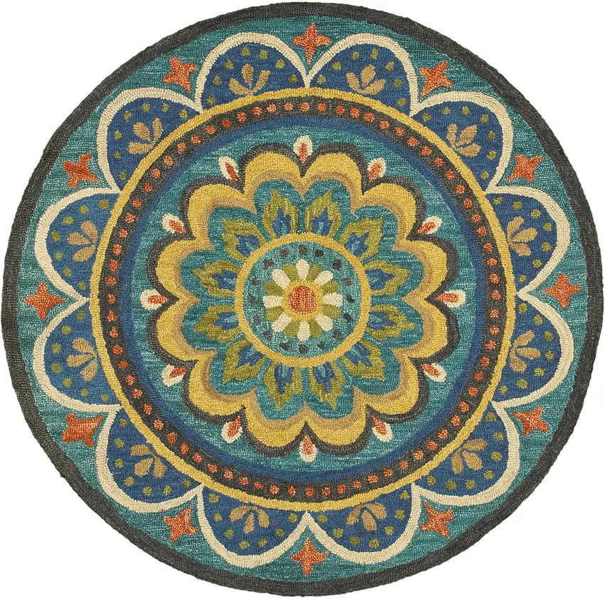 5' Blue And Yellow Wool Medallion Hand Tufted Round Rug Photo 2