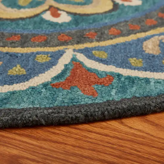 5' Blue And Yellow Wool Medallion Hand Tufted Round Rug Photo 9