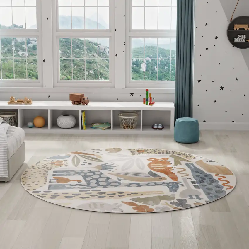 8' Blue Animal Print Round Rug Photo 5