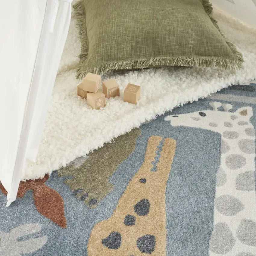 8' Blue Animal Print Round Rug Photo 9