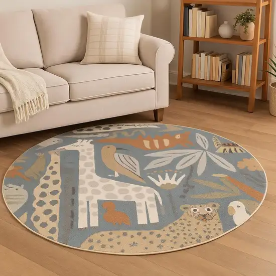 8' Blue Animal Print Round Rug Photo 1