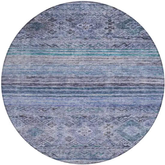 8' Blue Aqua And Charcoal Round Floral Washable Indoor Outdoor Area Rug Photo 2