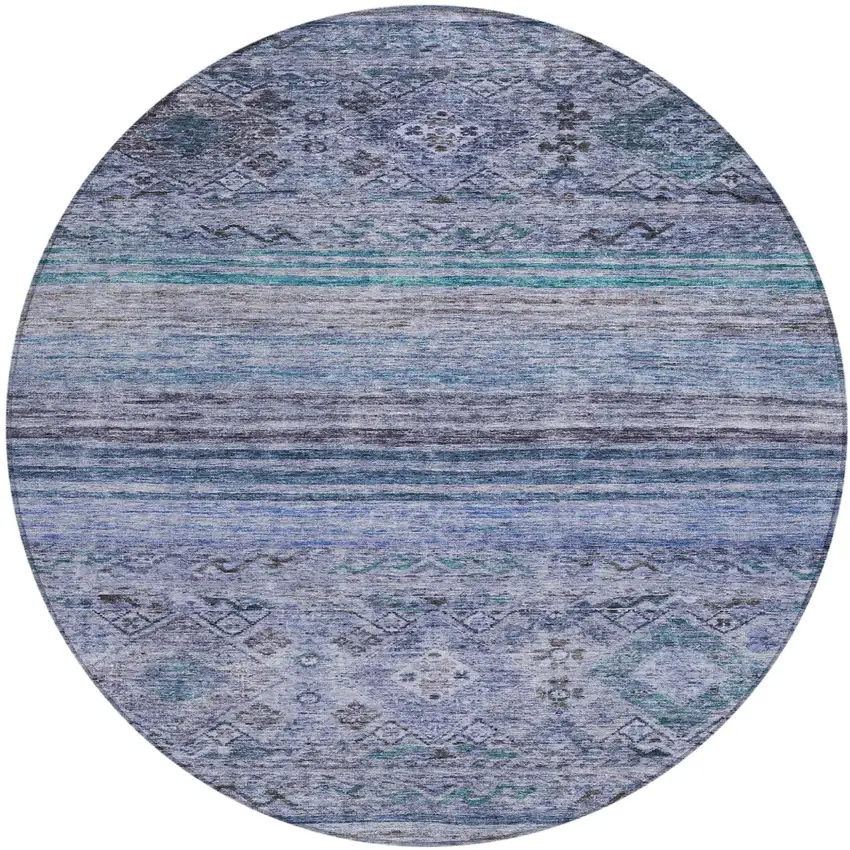 8' Blue Aqua And Charcoal Round Floral Washable Indoor Outdoor Area Rug Photo 2