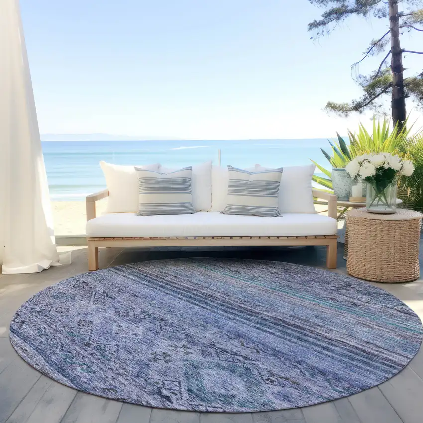 8' Blue Aqua And Charcoal Round Floral Washable Indoor Outdoor Area Rug Photo 6