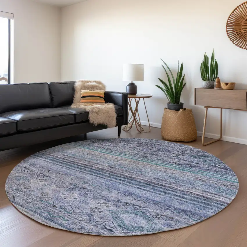 8' Blue Aqua And Charcoal Round Floral Washable Indoor Outdoor Area Rug Photo 7