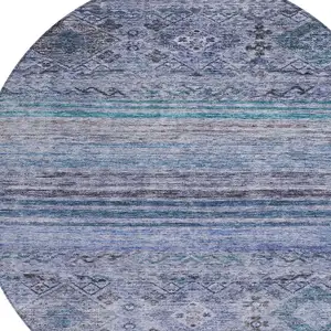 Photo of 8' Blue Aqua And Charcoal Round Floral Washable Indoor Outdoor Area Rug