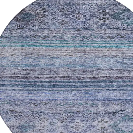 8' Blue Aqua And Charcoal Round Floral Washable Indoor Outdoor Area Rug Photo 4