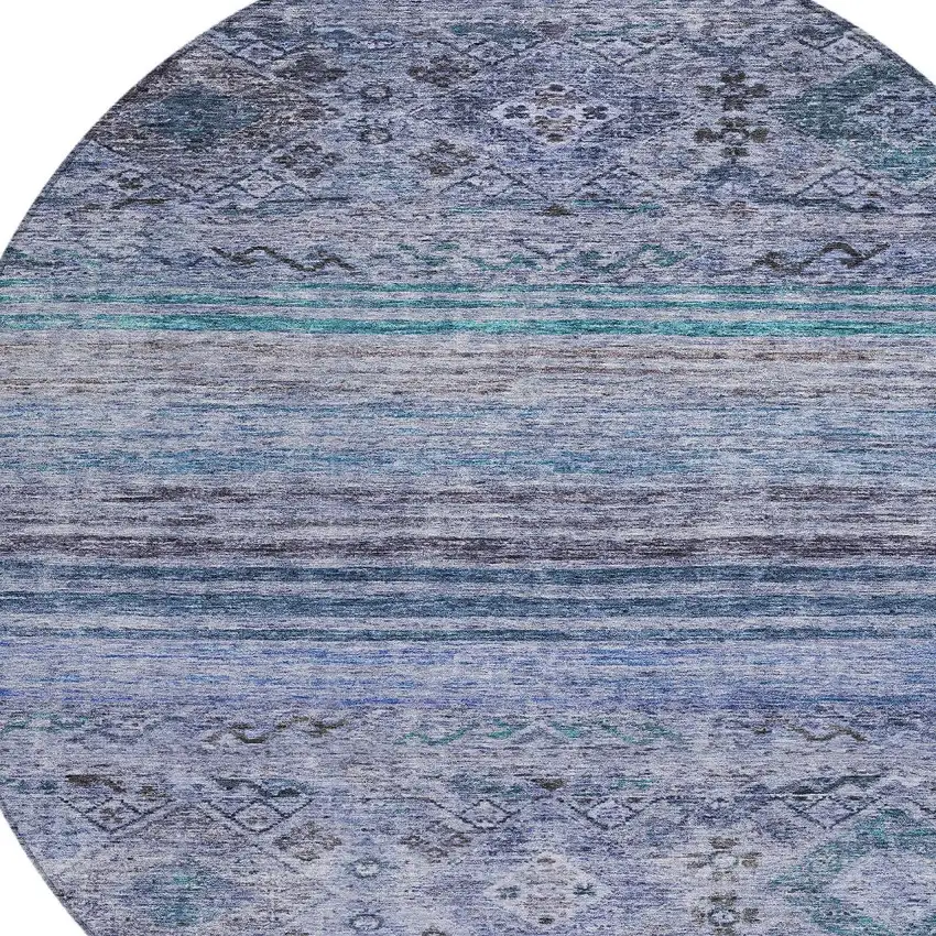 8' Blue Aqua And Charcoal Round Floral Washable Indoor Outdoor Area Rug Photo 4