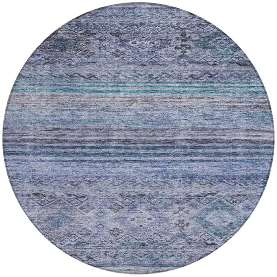 8' Blue Aqua And Charcoal Round Floral Washable Indoor Outdoor Area Rug Photo 5