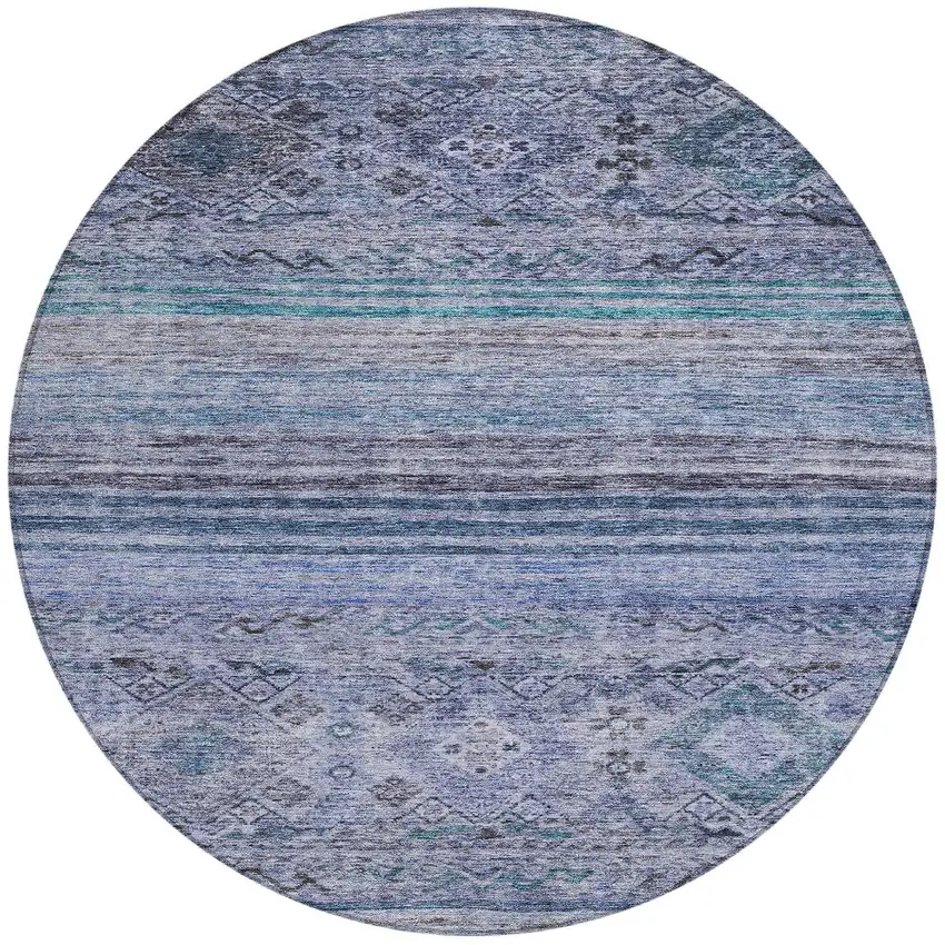 8' Blue Aqua And Charcoal Round Floral Washable Indoor Outdoor Area Rug Photo 5