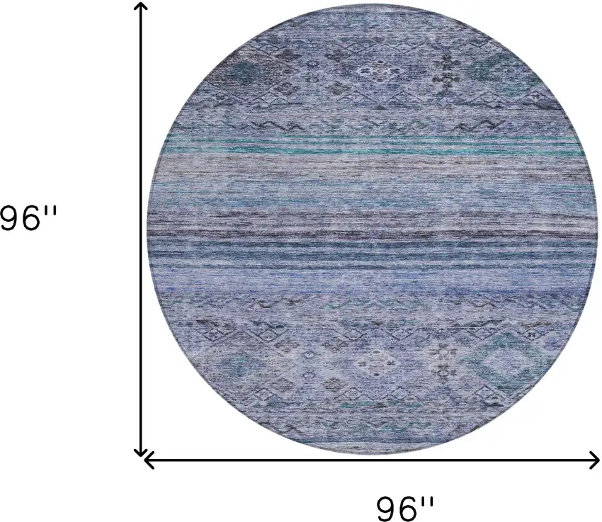 8' Blue Aqua And Charcoal Round Floral Washable Indoor Outdoor Area Rug Photo 3
