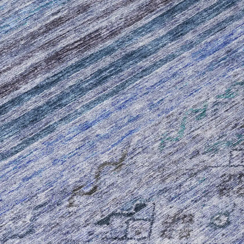 8' Blue Aqua And Charcoal Round Floral Washable Indoor Outdoor Area Rug Photo 8