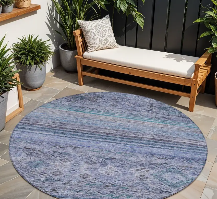 8' Blue Aqua And Charcoal Round Floral Washable Indoor Outdoor Area Rug Photo 1