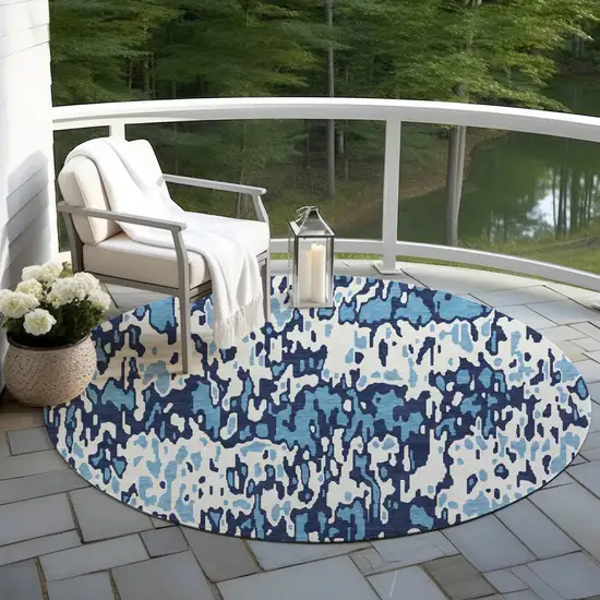 8' Blue Aqua And Ivory Round Striped Washable Indoor Outdoor Area Rug Photo 6