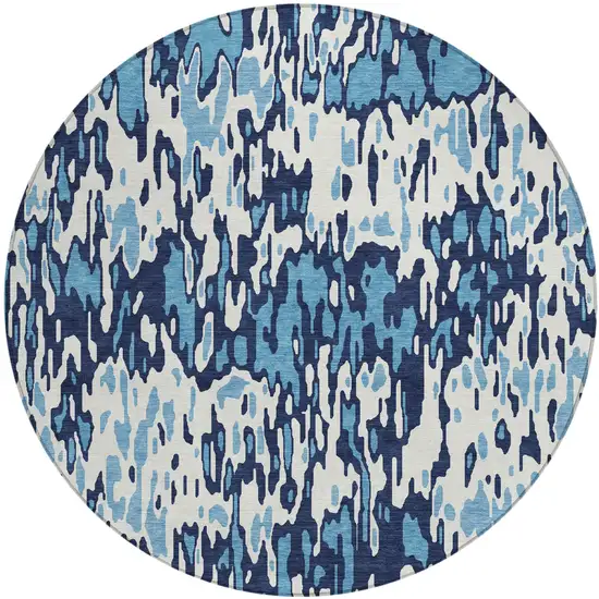 8' Blue Aqua And Ivory Round Striped Washable Indoor Outdoor Area Rug Photo 2