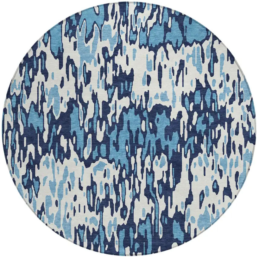 8' Blue Aqua And Ivory Round Striped Washable Indoor Outdoor Area Rug Photo 2