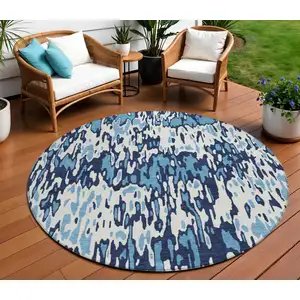 Photo of 8' Blue Aqua And Ivory Round Striped Washable Indoor Outdoor Area Rug