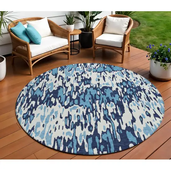 8' Blue Aqua And Ivory Round Striped Washable Indoor Outdoor Area Rug Photo 1