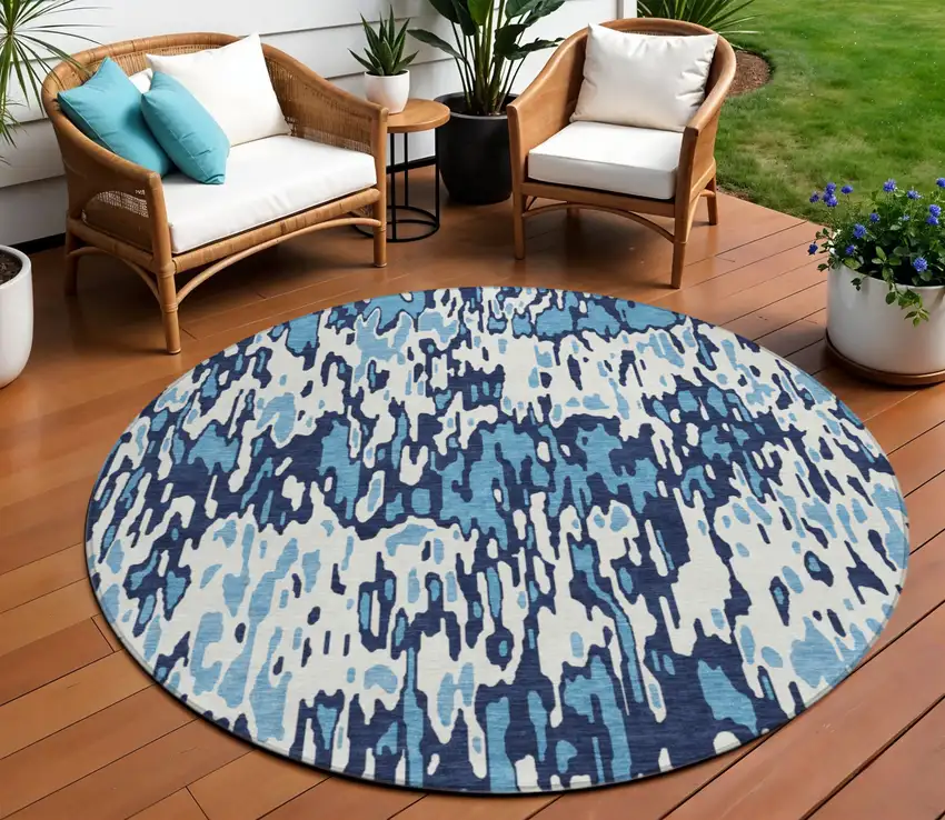 8' Blue Aqua And Ivory Round Striped Washable Indoor Outdoor Area Rug Photo 1