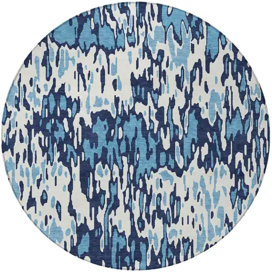 8' Blue Aqua And Ivory Round Striped Washable Indoor Outdoor Area Rug Photo 5